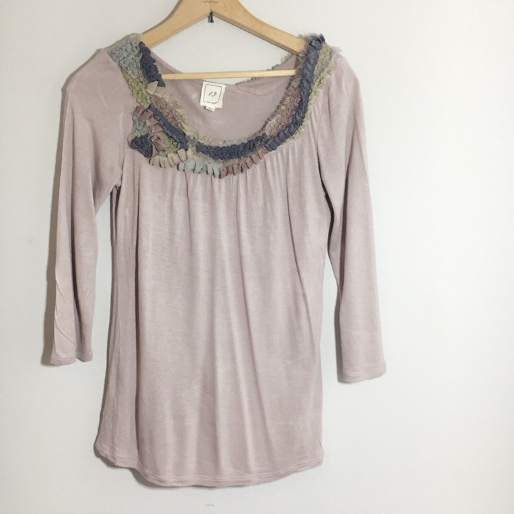 Anthropologie One September Fringed Ruffle Trim Gray Purple Tee Long Sleeve Tee